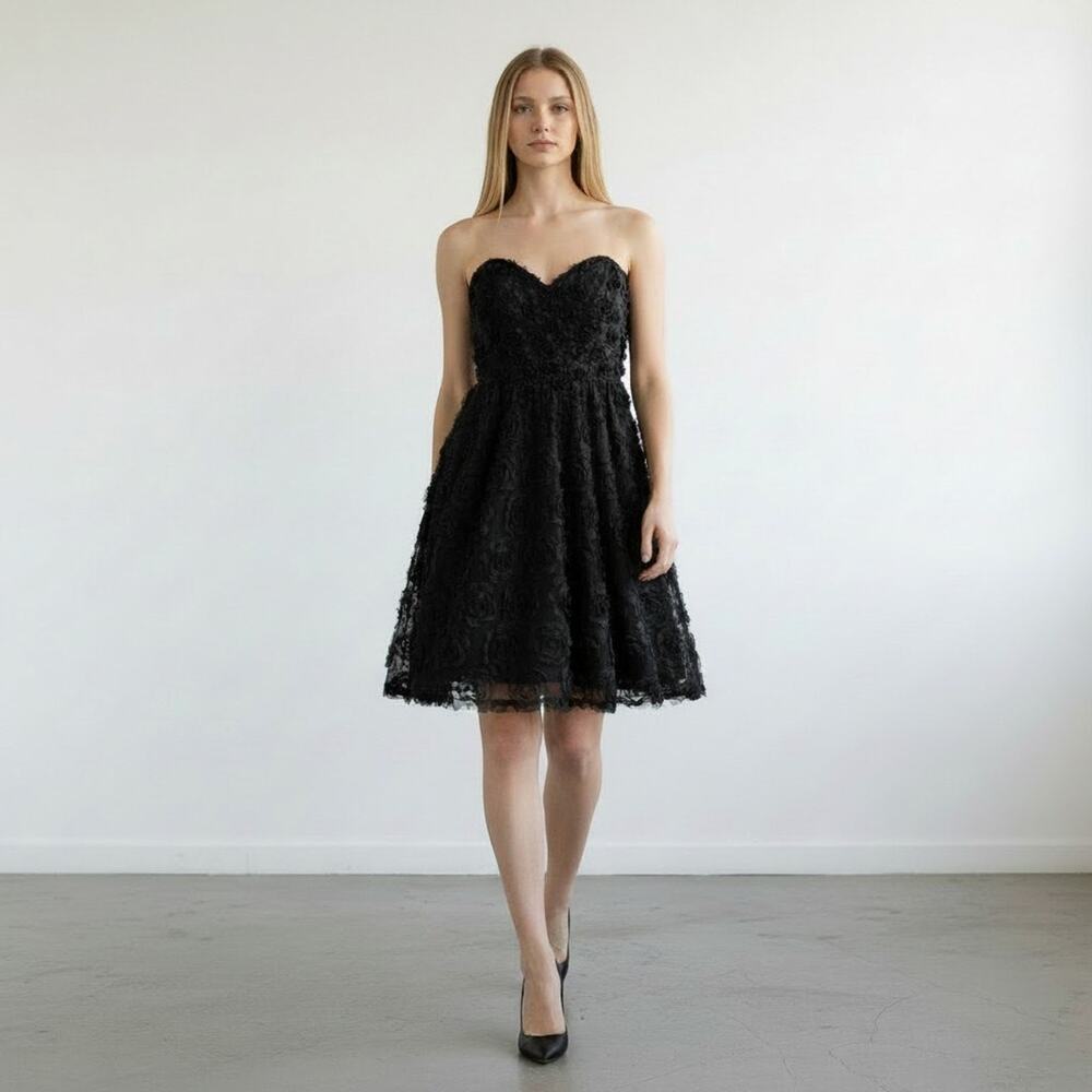 Vtg ABS Black Sweetheart Neckline Strapless 3D Texture Rose Cocktail Dress Sz 8